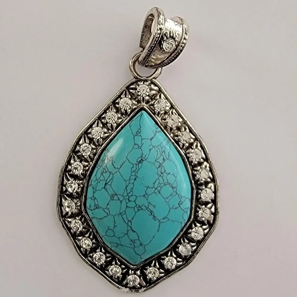 Womens Watch Turquoise Dial Silver Case Rhinestone Border Alloy Chain Teardrop